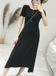 Casual Solid Short Sleeve Round Neck Single-Breasted High Waist Dress