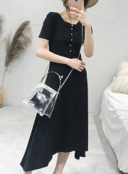 Casual Solid Short Sleeve Round Neck Single-Breasted High Waist Dress