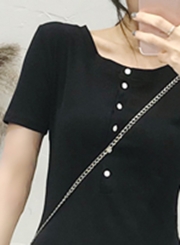 Casual Solid Short Sleeve Round Neck Single-Breasted High Waist Dress