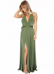 Sexy Solid Halter V Neck Backless Waist Tie Slit Swing Maxi Dress