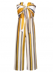 Fashion Striped Colorblock Chest Wrapped Front Bow Straight Jumpsuit