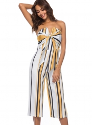 Fashion Striped Colorblock Chest Wrapped Front Bow Straight Jumpsuit