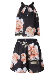 Fashion Floral Printed Halter Off The Shoulder Tank With Straight Shorts