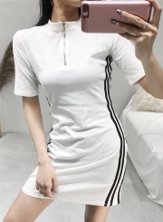 Casual Striped Colorblock Zip Neck Short Sleeve High Waist Sports Dress