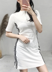 Casual Striped Colorblock Zip Neck Short Sleeve High Waist Sports Dress