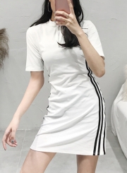 Casual Striped Colorblock Zip Neck Short Sleeve High Waist Sports Dress