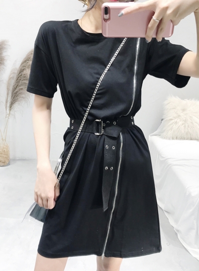 Casual Vintage Short Sleeve Round Neck Waist Tie Front Zip Dress