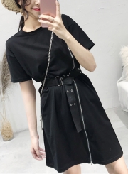 Casual Vintage Short Sleeve Round Neck Waist Tie Front Zip Dress