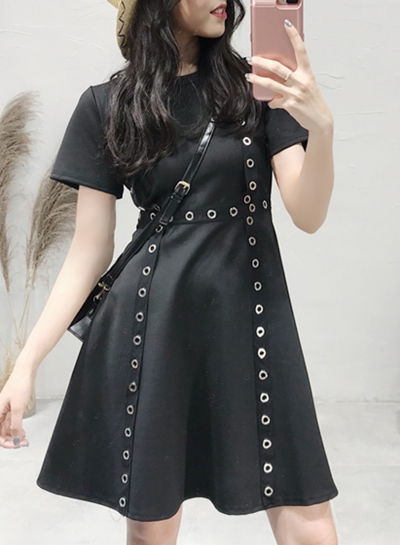 Casual Splicing Short Sleeve Round Neck Keyholes A-line Dress LZDINTECOMMERCE.com