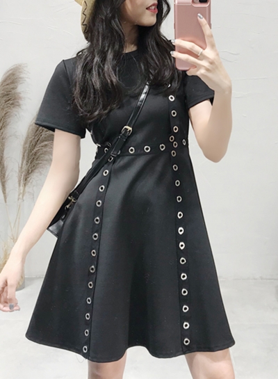 Casual Splicing Short Sleeve Round Neck Keyholes A-line Dress