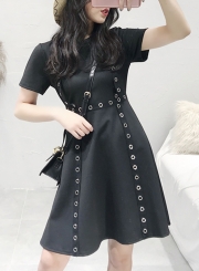 Casual Splicing Short Sleeve Round Neck Keyholes A-line Dress