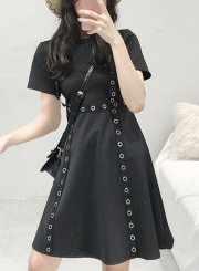 Casual Splicing Short Sleeve Round Neck Keyholes A-line Dress