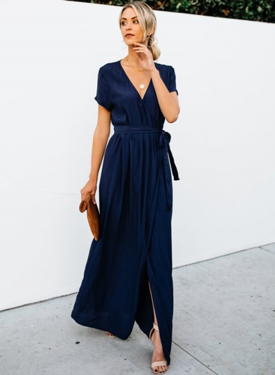 Elegant Solid Short Sleeve V Neck Waist Tie High Slit Maxi Dress YOUYOUFASHIONEC.com