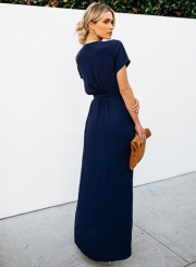 Elegant Solid Short Sleeve V Neck Waist Tie High Slit Maxi Dress