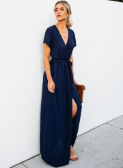 Elegant Solid Short Sleeve V Neck Waist Tie High Slit Maxi Dress