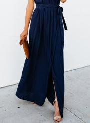 Elegant Solid Short Sleeve V Neck Waist Tie High Slit Maxi Dress