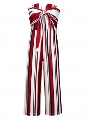 Fashion Striped Colorblock Chest Wrapped Front Bow Straight Jumpsuit