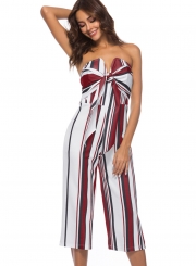 Fashion Striped Colorblock Chest Wrapped Front Bow Straight Jumpsuit