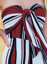 Fashion Striped Colorblock Chest Wrapped Front Bow Straight Jumpsuit