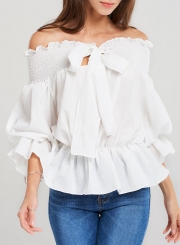 Summer Sexy Off The Shoulder Puff Sleeve Lace-Up Solid Smocking Blouse