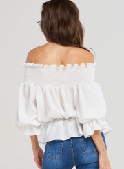 Summer Sexy Off The Shoulder Puff Sleeve Lace-Up Solid Smocking Blouse