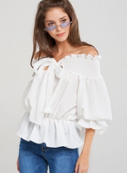 Summer Sexy Off The Shoulder Puff Sleeve Lace-Up Solid Smocking Blouse