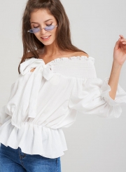 Summer Sexy Off The Shoulder Puff Sleeve Lace-Up Solid Smocking Blouse