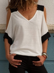 Summer Casual Loose Splicing Off Shoulder Half Sleeve V Neck Tee