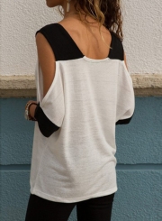 Summer Casual Loose Splicing Off Shoulder Half Sleeve V Neck Tee