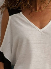 Summer Casual Loose Splicing Off Shoulder Half Sleeve V Neck Tee