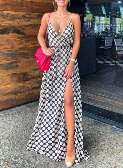 Fashion Spaghetti Strap Backless V Neck Slit Party Polka Dots Maxi Dress LEXELFASHIONINTSHOPS.com