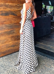 Fashion Spaghetti Strap Backless V Neck Slit Party Polka Dots Maxi Dress