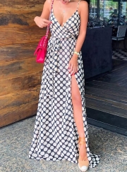 Fashion Spaghetti Strap Backless V Neck Slit Party Polka Dots Maxi Dress