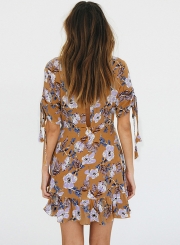 Summer Chiffon Floral Print Short Sleeve V Neck Lace Up Ruffle Hem Dress