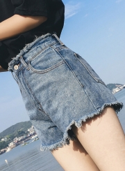 High Waist Retro Wash Casual Culotte Denim Shorts With Pockets