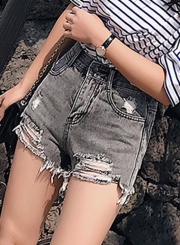 Retro Wash High Waisted Ripped Denim Shorts With Pockets