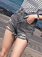 Retro Wash High Waisted Ripped Denim Shorts With Pockets