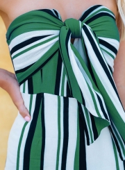 Fashion Striped Colorblock Chest Wrapped Front Bow Straight Jumpsuit