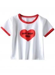 Casual Slim Heart Printed Short Sleeve Round Neck Crop Top With Letters
