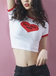 Casual Slim Heart Printed Short Sleeve Round Neck Crop Top With Letters