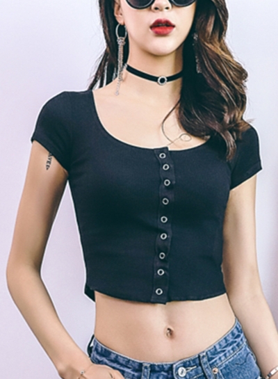 Casual Slim Solid Single-Breasted Short Sleeve Round Neck Crop Top STYLESIMO.com