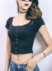 Casual Slim Solid Single-Breasted Short Sleeve Round Neck Crop Top