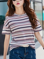 Fashion Summer Casual Striped Loose Short Sleeve Round Neck Tee
