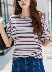 Fashion Summer Casual Striped Loose Short Sleeve Round Neck Tee