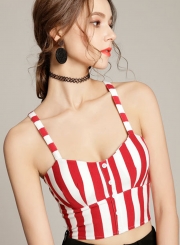 Casual Slim Spaghetti Strap Round Neck Front Buttons Solid Crop Top