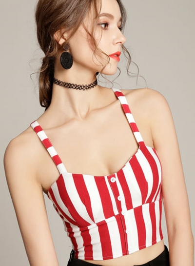 Casual Slim Spaghetti Strap Round Neck Front Buttons Solid Crop Top YOUYOUFASHIONEC.com