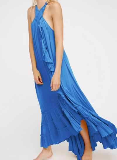 Summer Beach Solid Halter Off The Shoulder Ruffle Hem Slit Maxi Dress LEXELFASHIONINTSHOPS.com