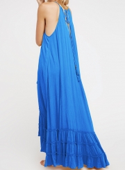 Summer Beach Solid Halter Off The Shoulder Ruffle Hem Slit Maxi Dress