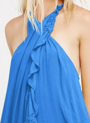 Summer Beach Solid Halter Off The Shoulder Ruffle Hem Slit Maxi Dress