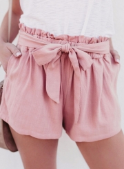Summer Casual High Waist Lace-Up Wide Leg Loose Solid Shorts